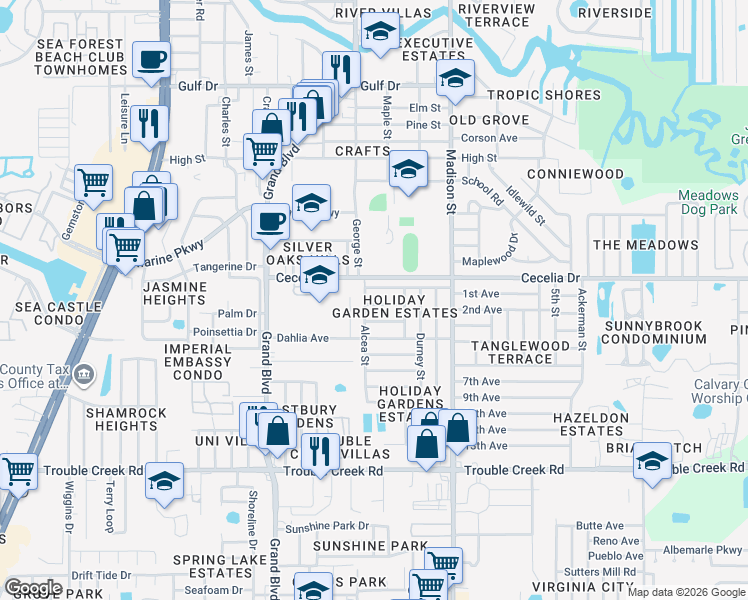 map of restaurants, bars, coffee shops, grocery stores, and more near 5747 1st Avenue in Port Richey