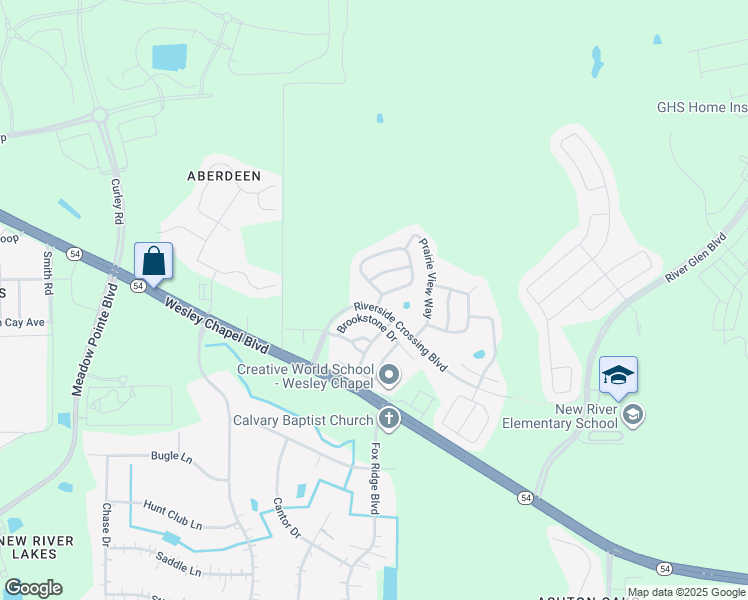map of restaurants, bars, coffee shops, grocery stores, and more near 5035 New Savannah Circle in Wesley Chapel