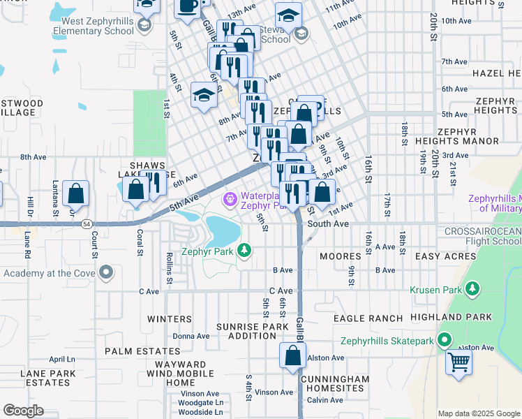 map of restaurants, bars, coffee shops, grocery stores, and more near 5022 5th Street in Zephyrhills