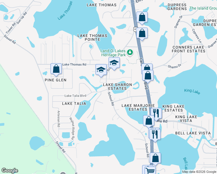 map of restaurants, bars, coffee shops, grocery stores, and more near 5028 School Road in Land O' Lakes