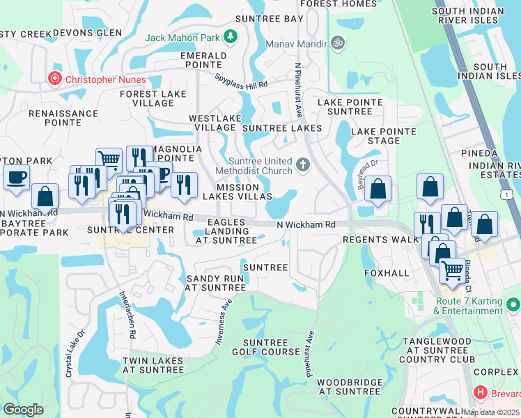 map of restaurants, bars, coffee shops, grocery stores, and more near 458 Carmel Drive in Melbourne