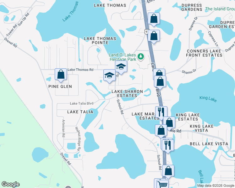 map of restaurants, bars, coffee shops, grocery stores, and more near 5028 School Road in Land O' Lakes