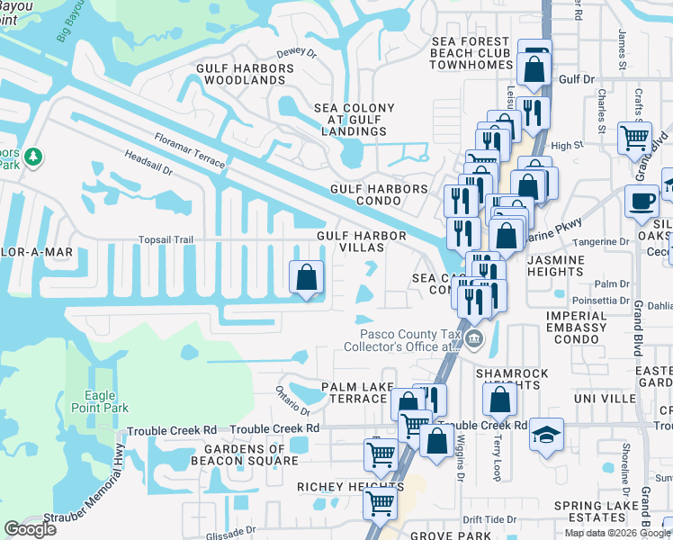 map of restaurants, bars, coffee shops, grocery stores, and more near 4605 Casswell Drive in Port Richey