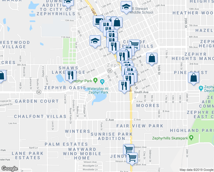 map of restaurants, bars, coffee shops, grocery stores, and more near 5030 4th Street in Zephyrhills