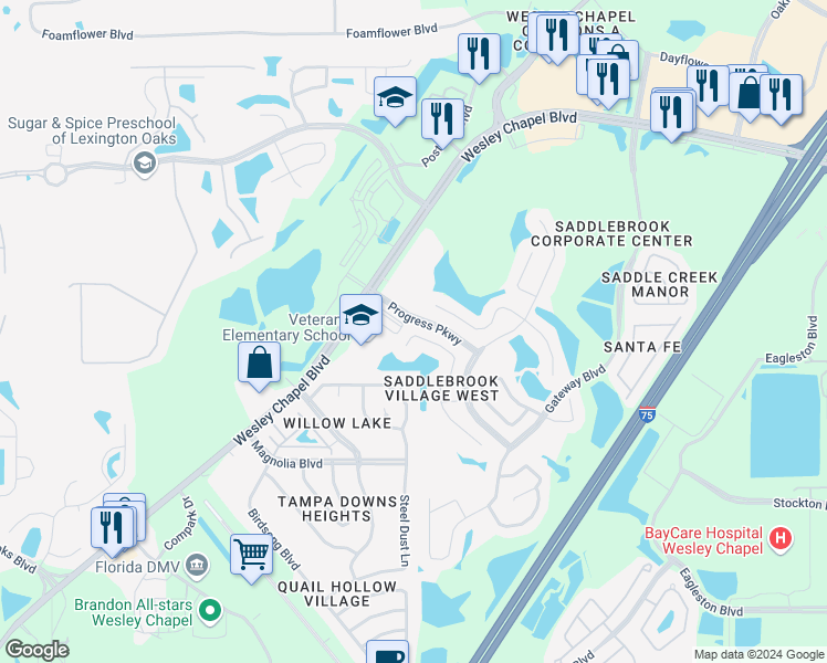 map of restaurants, bars, coffee shops, grocery stores, and more near 27013 Arrowbrook Way in Wesley Chapel