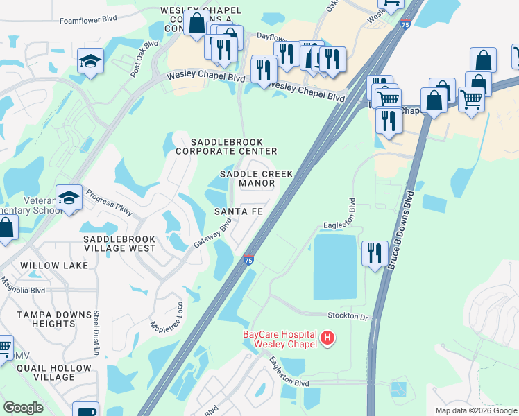 map of restaurants, bars, coffee shops, grocery stores, and more near 27540 Desert Willow Way in Wesley Chapel