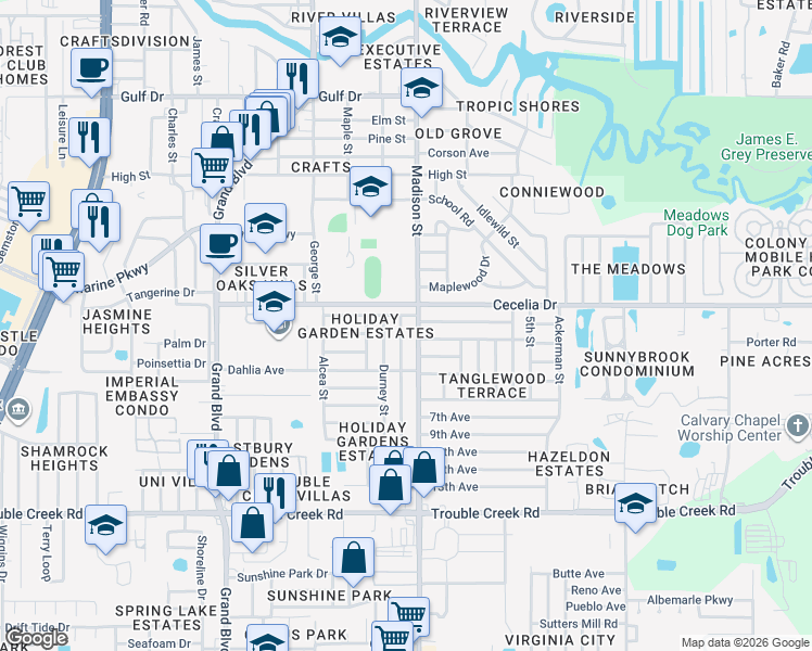 map of restaurants, bars, coffee shops, grocery stores, and more near 5935 1st Avenue in Port Richey