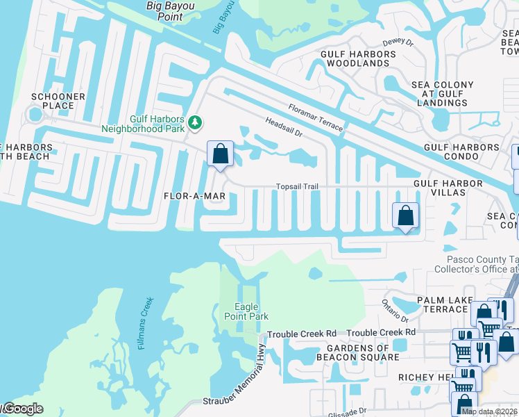 map of restaurants, bars, coffee shops, grocery stores, and more near 4954 Dory Drive in New Port Richey