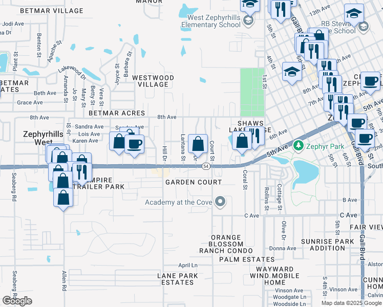map of restaurants, bars, coffee shops, grocery stores, and more near 5039 Studio Drive in Zephyrhills