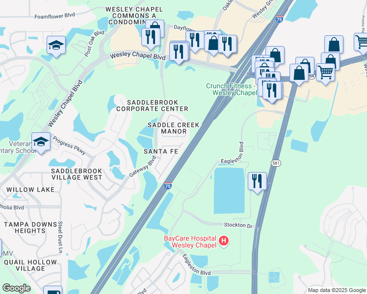 map of restaurants, bars, coffee shops, grocery stores, and more near 5108 Cactus Needle Lane in Wesley Chapel