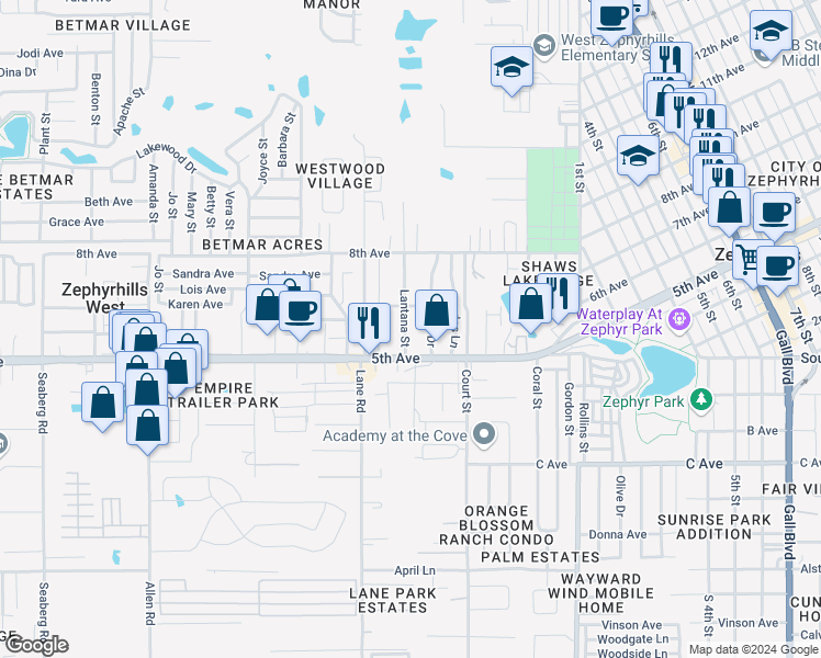 map of restaurants, bars, coffee shops, grocery stores, and more near 5036 Lantana Street in Zephyrhills