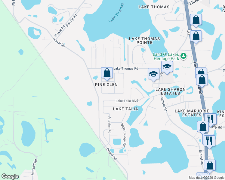 map of restaurants, bars, coffee shops, grocery stores, and more near 20818 Woodvale Lane in Land O' Lakes
