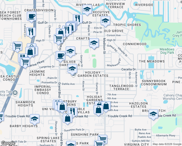 map of restaurants, bars, coffee shops, grocery stores, and more near 5839 1st Avenue in New Port Richey