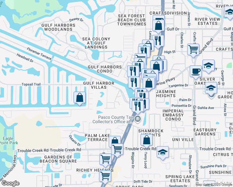 map of restaurants, bars, coffee shops, grocery stores, and more near 4945 New England Boulevard in New Port Richey