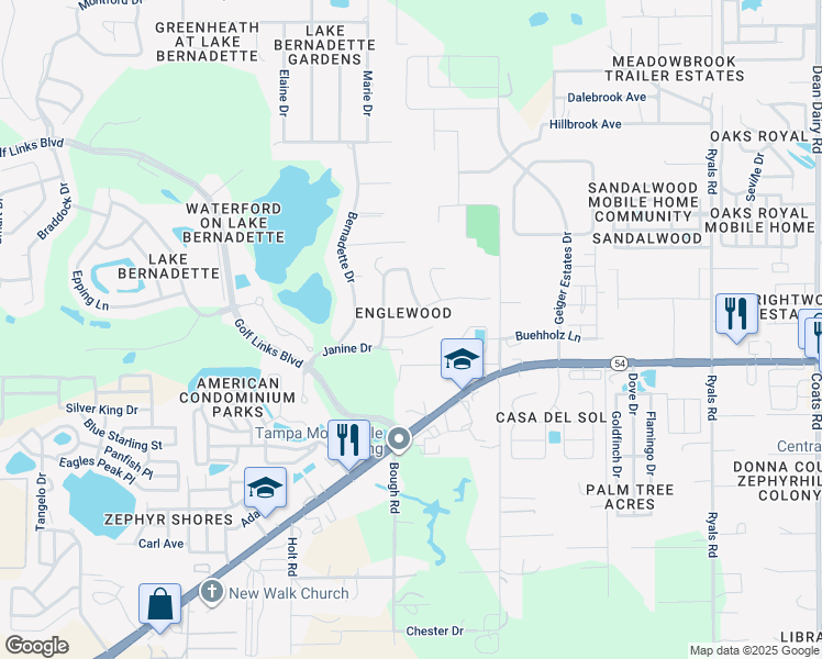 map of restaurants, bars, coffee shops, grocery stores, and more near 35523 Wickingham Court in Zephyrhills