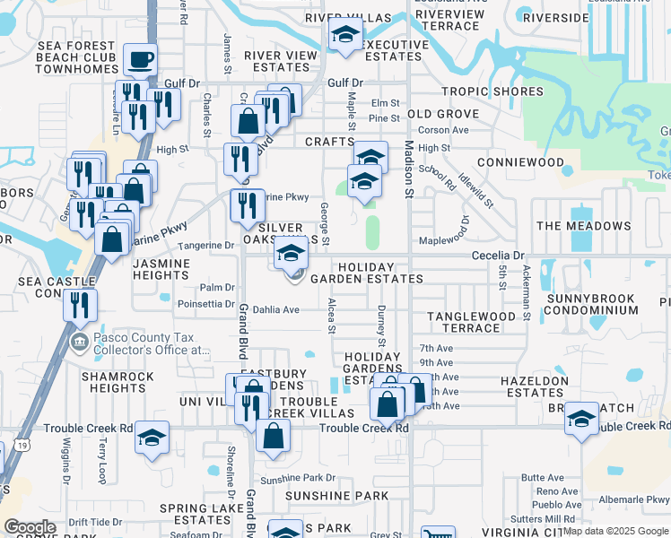 map of restaurants, bars, coffee shops, grocery stores, and more near 5747 1st Avenue in Port Richey
