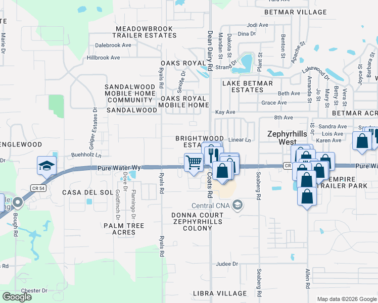 map of restaurants, bars, coffee shops, grocery stores, and more near 5103 Birchwood Drive in Zephyrhills