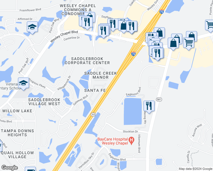 map of restaurants, bars, coffee shops, grocery stores, and more near 5110 Cactus Needle Lane in Wesley Chapel
