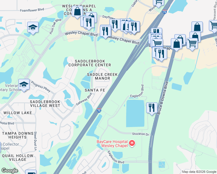 map of restaurants, bars, coffee shops, grocery stores, and more near 5110 Cactus Needle Lane in Wesley Chapel
