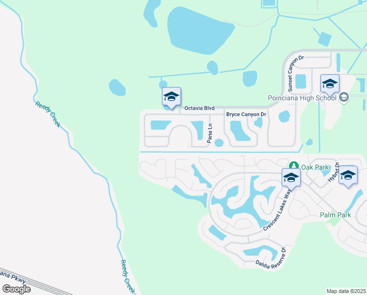 map of restaurants, bars, coffee shops, grocery stores, and more near 2295 Paria Lane in Kissimmee