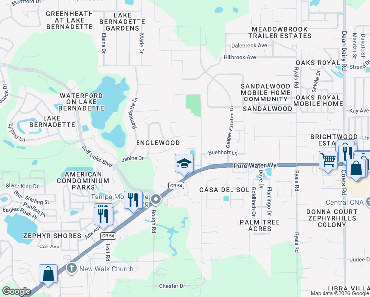 map of restaurants, bars, coffee shops, grocery stores, and more near 35640 Welby Court in Zephyrhills