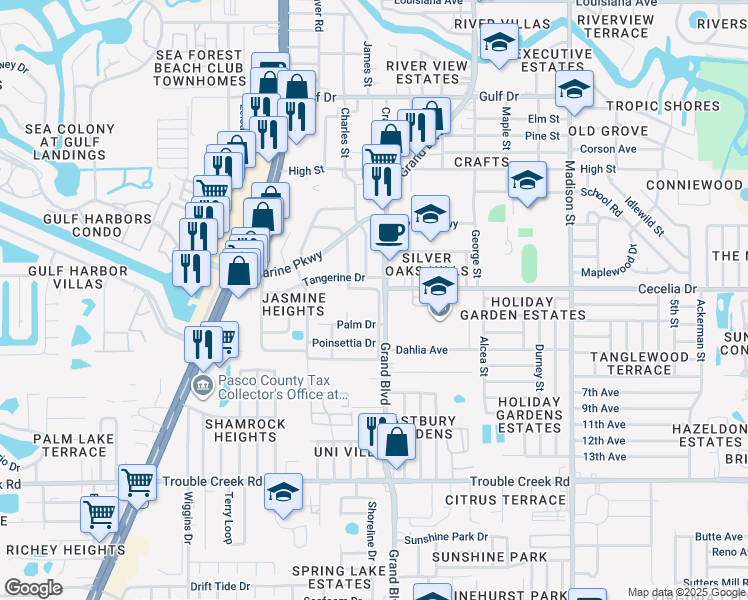 map of restaurants, bars, coffee shops, grocery stores, and more near 4959 Euclid Avenue in New Port Richey
