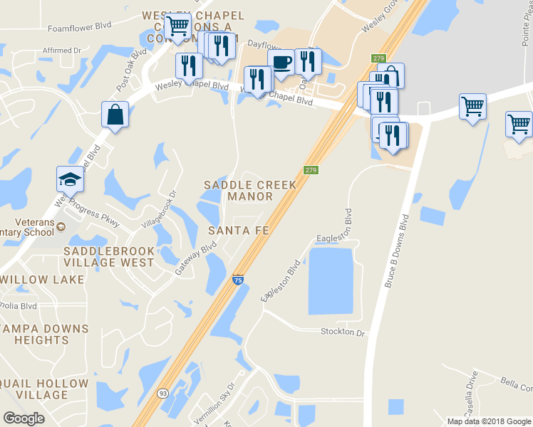 map of restaurants, bars, coffee shops, grocery stores, and more near 5116 Cactus Needle Lane in Wesley Chapel