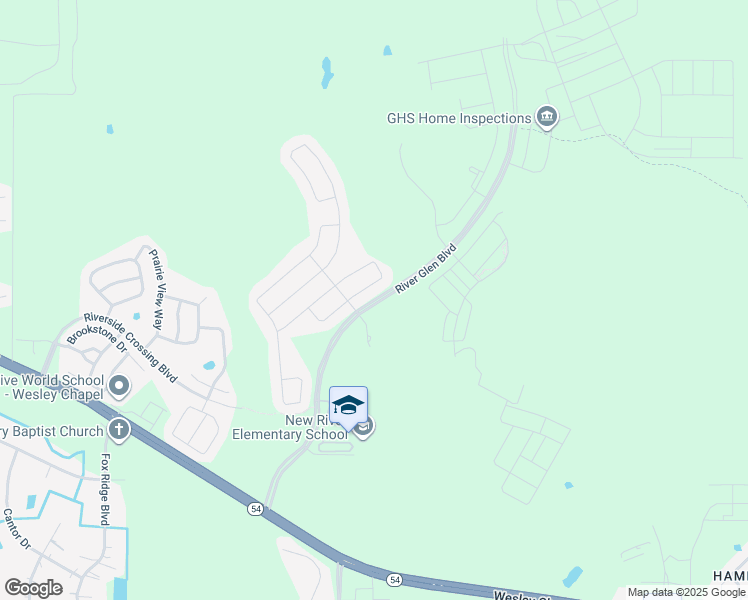 map of restaurants, bars, coffee shops, grocery stores, and more near River Glen Boulevard in Wesley Chapel