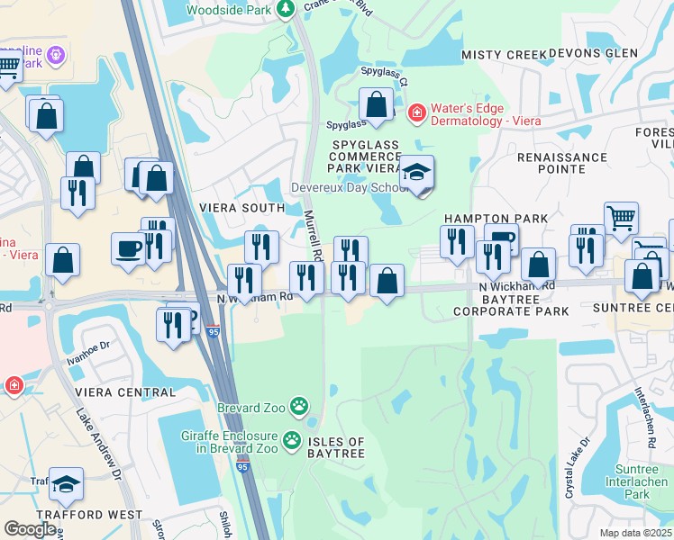 map of restaurants, bars, coffee shops, grocery stores, and more near 7332 Office Park Place in Melbourne