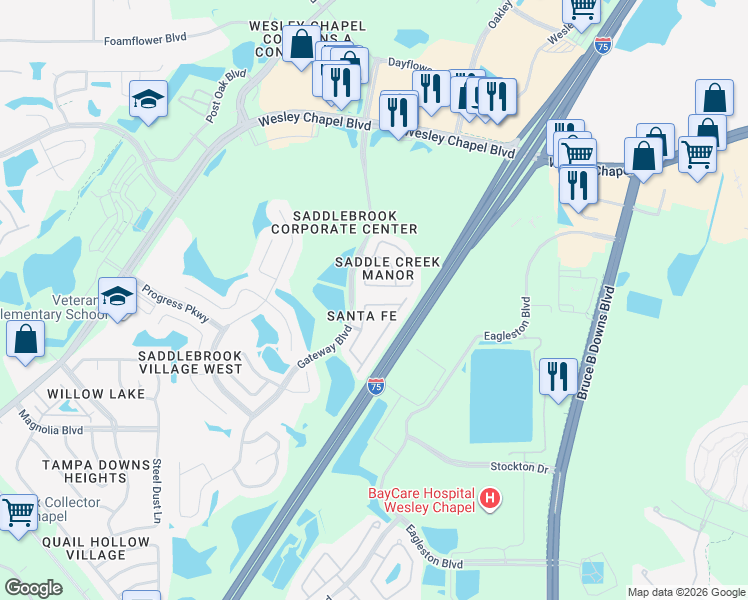 map of restaurants, bars, coffee shops, grocery stores, and more near 27819 Pleasure Ride Loop in Wesley Chapel