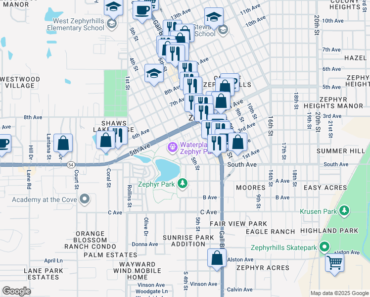 map of restaurants, bars, coffee shops, grocery stores, and more near 5051 5th Street in Zephyrhills