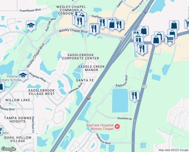 map of restaurants, bars, coffee shops, grocery stores, and more near 27819 Pleasure Ride Loop in Wesley Chapel