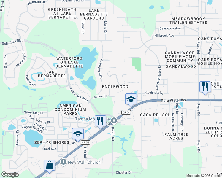 map of restaurants, bars, coffee shops, grocery stores, and more near 5102 Englewood Lane in Zephyrhills
