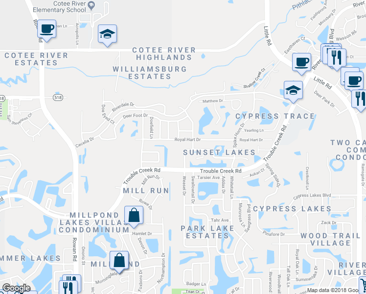 map of restaurants, bars, coffee shops, grocery stores, and more near 8049 Baytree Drive in New Port Richey