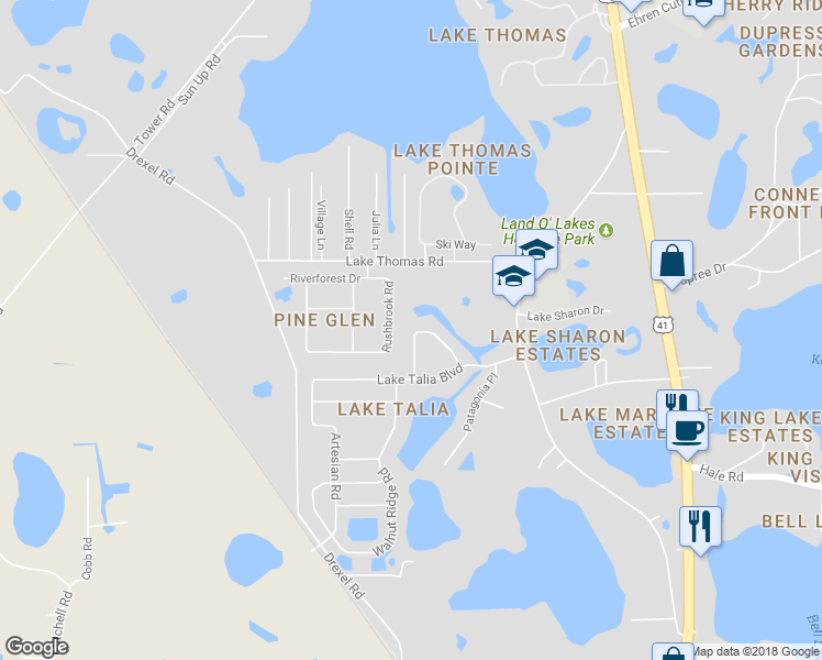 map of restaurants, bars, coffee shops, grocery stores, and more near 5045 Hartwell Loop in Land O' Lakes