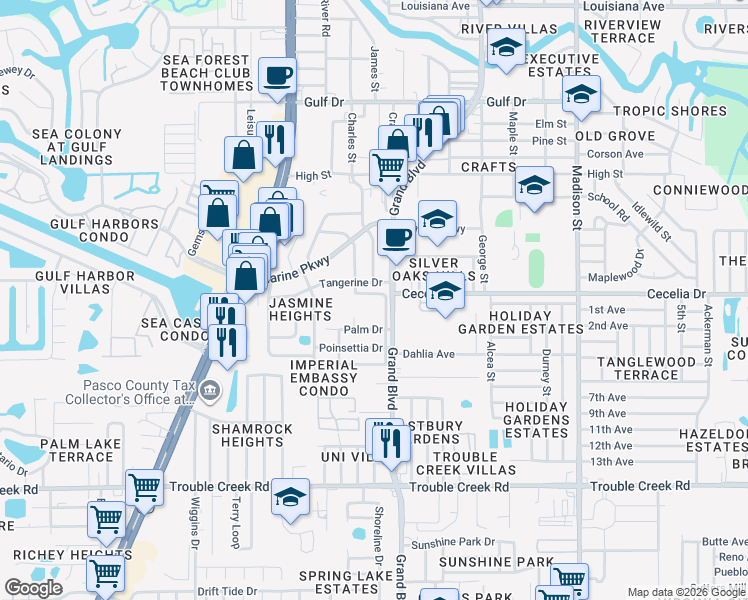 map of restaurants, bars, coffee shops, grocery stores, and more near 4959 Euclid Avenue in New Port Richey
