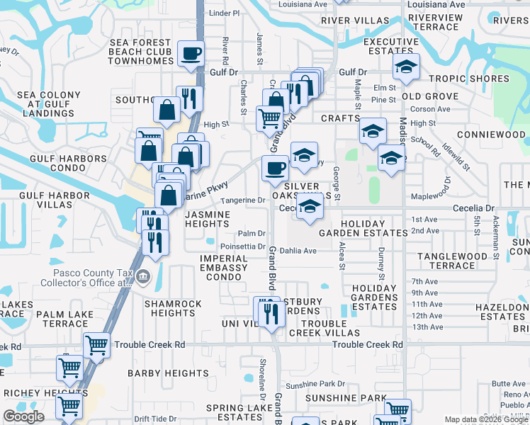 map of restaurants, bars, coffee shops, grocery stores, and more near 4959 Euclid Avenue in New Port Richey
