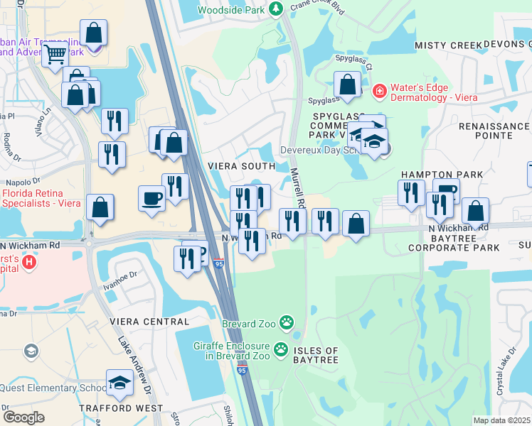 map of restaurants, bars, coffee shops, grocery stores, and more near 7370 Cabot Court in Melbourne