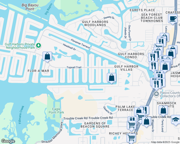 map of restaurants, bars, coffee shops, grocery stores, and more near 4953 Blue Heron Drive in Port Richey
