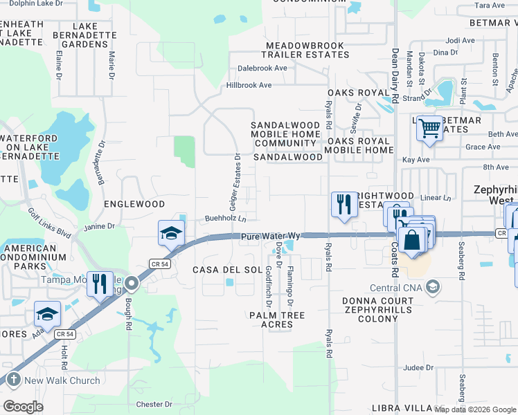 map of restaurants, bars, coffee shops, grocery stores, and more near 5100 Counselor Drive in Zephyrhills