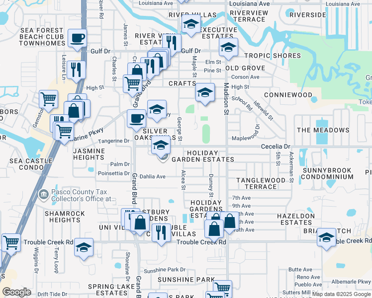 map of restaurants, bars, coffee shops, grocery stores, and more near 5747 1st Avenue in Port Richey