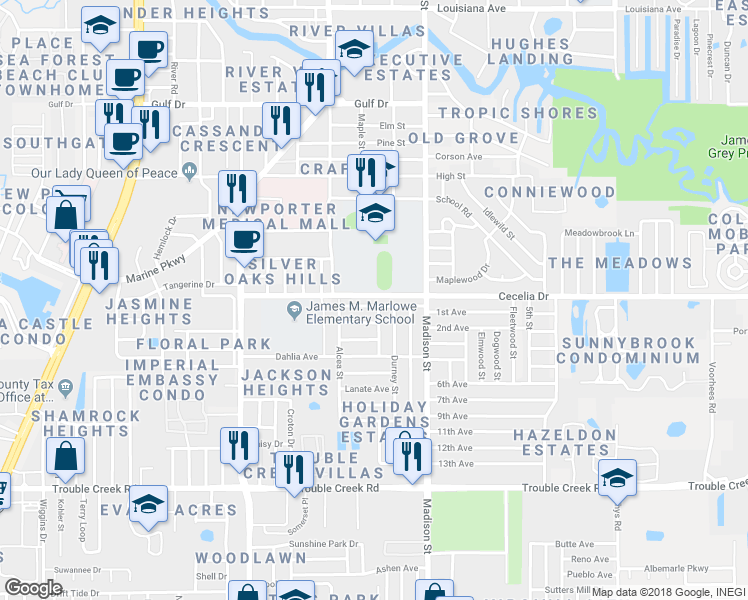 map of restaurants, bars, coffee shops, grocery stores, and more near 5839 1st Avenue in New Port Richey