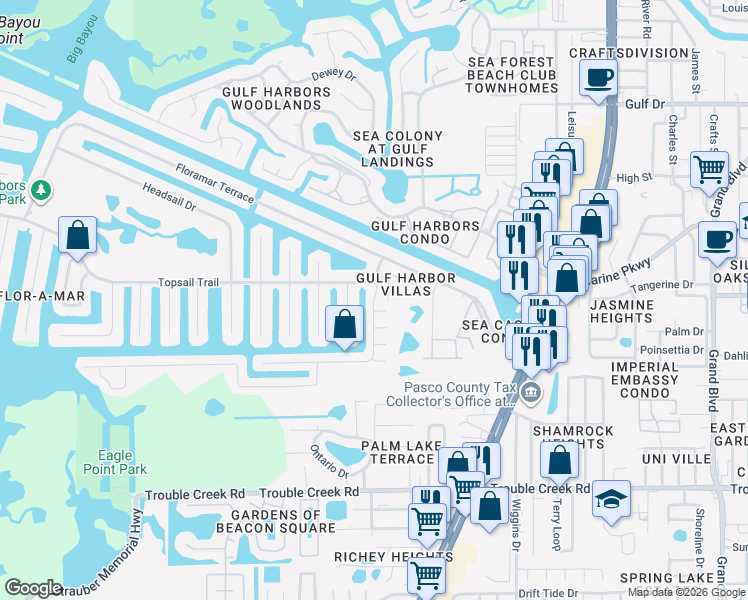 map of restaurants, bars, coffee shops, grocery stores, and more near Shell Stream Boulevard in New Port Richey