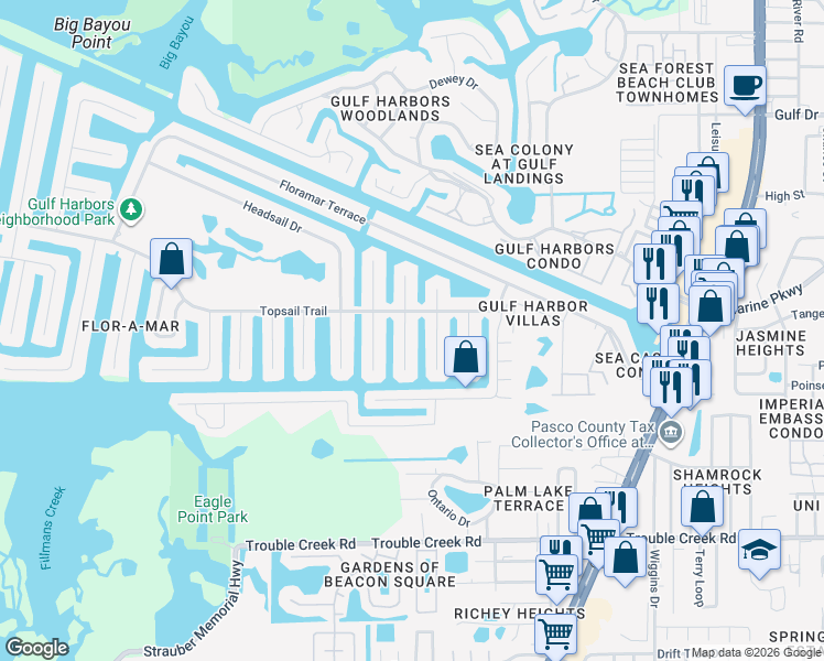 map of restaurants, bars, coffee shops, grocery stores, and more near 4952 Bonito Drive in Port Richey