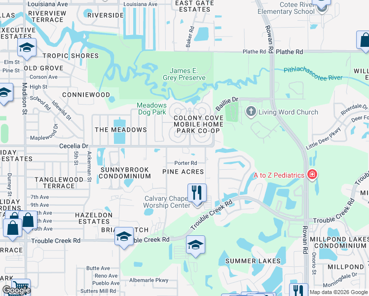 map of restaurants, bars, coffee shops, grocery stores, and more near 6830 Cecelia Drive in New Port Richey