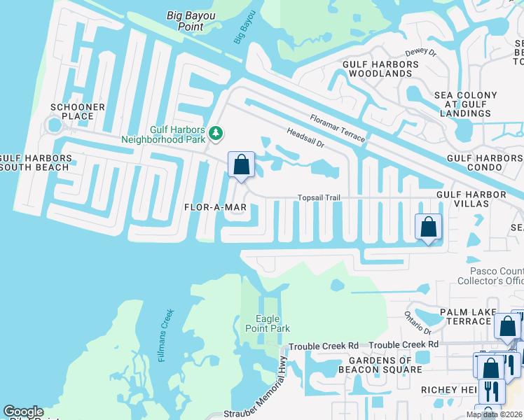 map of restaurants, bars, coffee shops, grocery stores, and more near 5000 Marlin Drive in New Port Richey