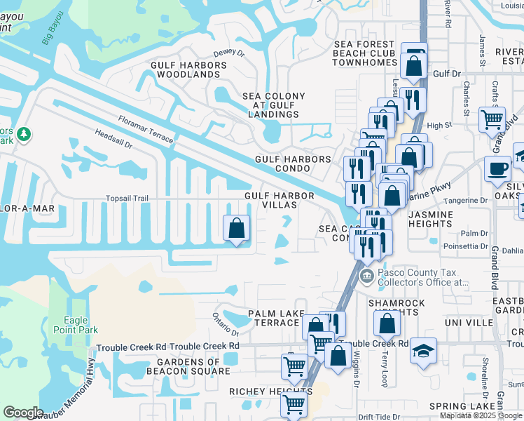 map of restaurants, bars, coffee shops, grocery stores, and more near 4605 Casswell Drive in New Port Richey