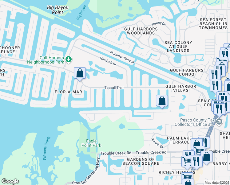 map of restaurants, bars, coffee shops, grocery stores, and more near 5003 Anchor Way in Port Richey