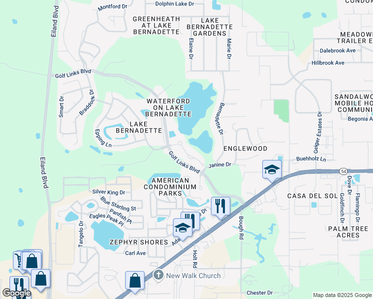 map of restaurants, bars, coffee shops, grocery stores, and more near 35239 Whispering Pines Drive in Zephyrhills