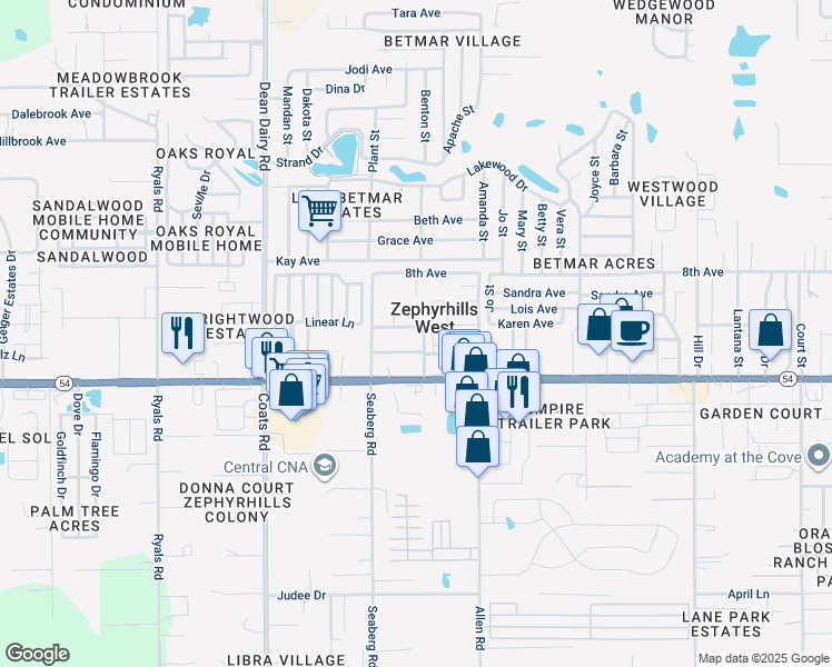 map of restaurants, bars, coffee shops, grocery stores, and more near 36828 Chestnut Lane in Zephyrhills